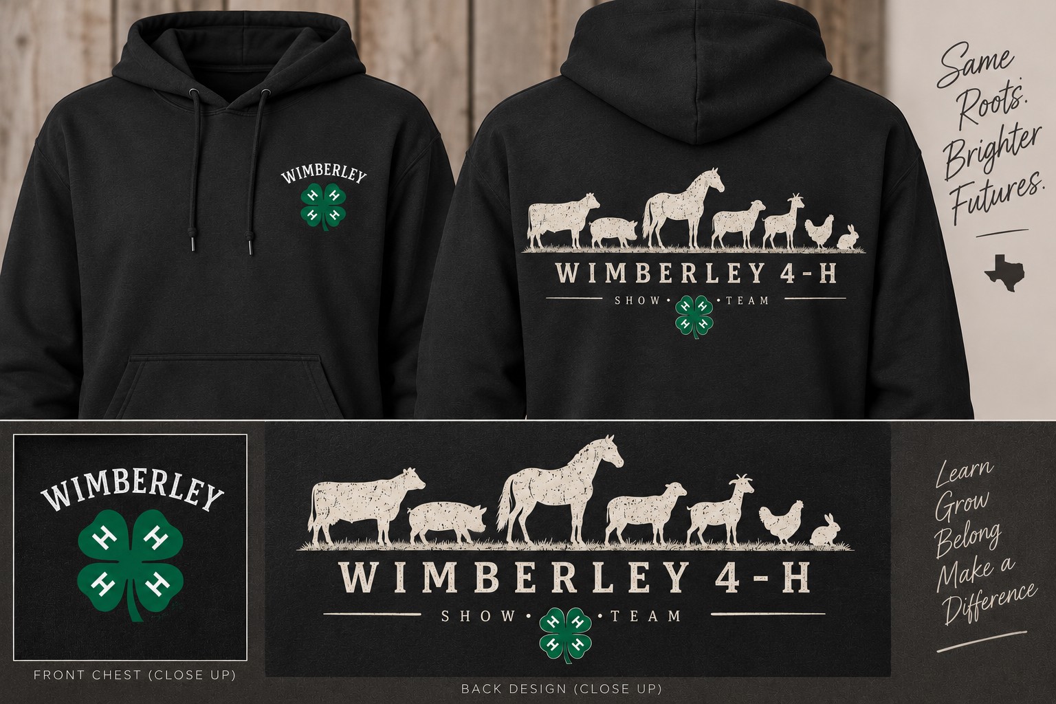 Wimberley 4-H Show Team hoodie — front and back design