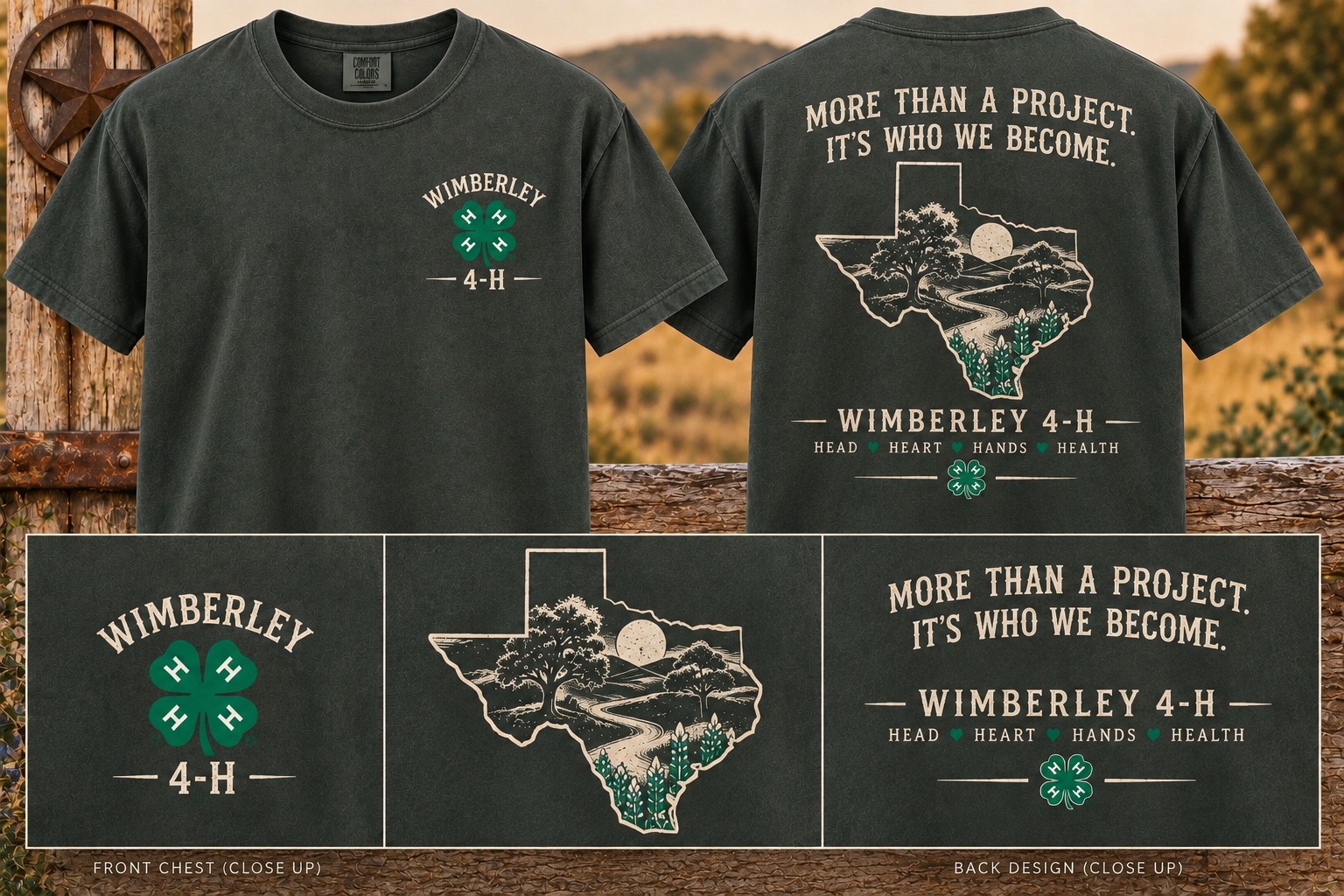 Wimberley 4-H "More Than a Project" t-shirt — front and back design